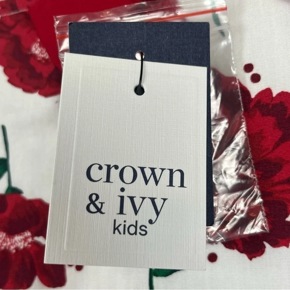 NWT Crown & Ivy kids white red floral 100% cotton bell sleeve dress, size 10.